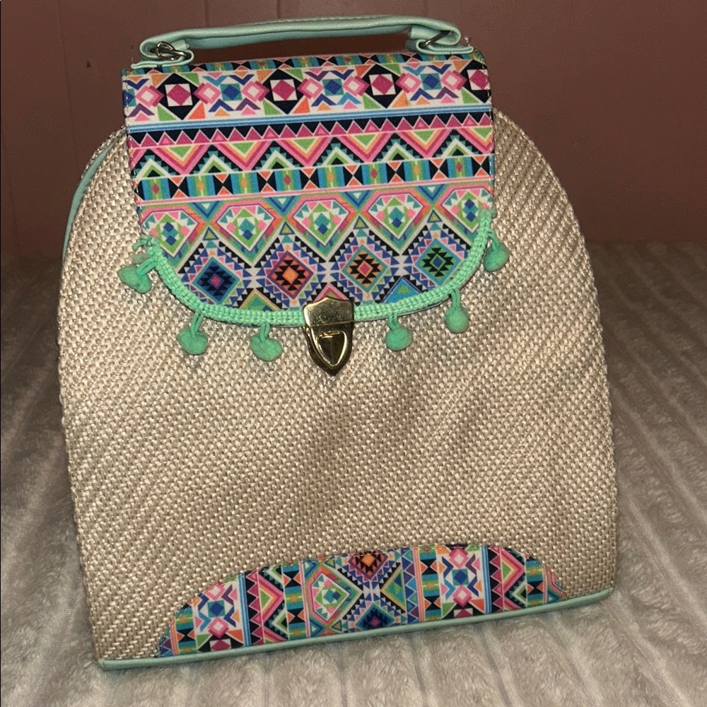Woven Straw Backpack with Mint Trim and Multicolor Geometric Accent